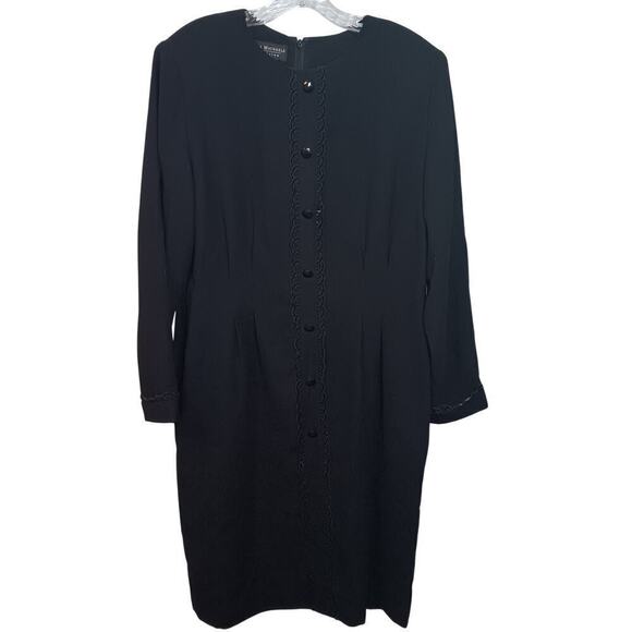 EUC Debra Michaels Black Crepe Below Knee Dress Velvet Trim Buttons Size 14 - Picture 1 of 9